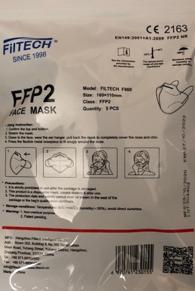 FFP2 Schutzmasken 5 Stck. CE Mundschutz inkl. Halte-Clip von Filtech